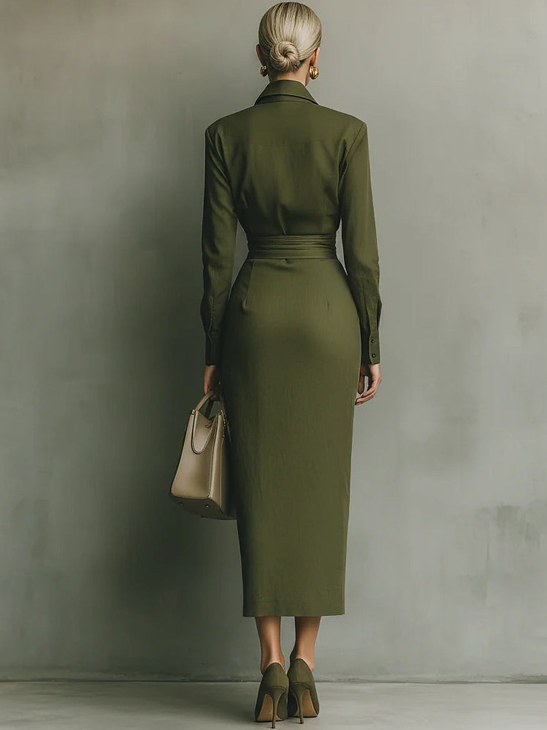 Ivana | Abito Lungo a Camicia con Vita Drappeggiata, Verde Militare
