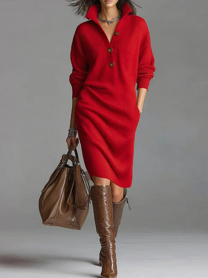 Giselda – abito midi in maglia a coste con collo a camicia rosso, vista frontale