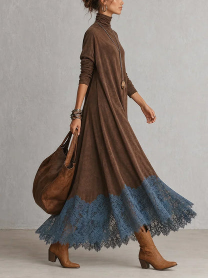 Bérengère | Abito Lungo Effetto Suede con Orlo in Pizzo