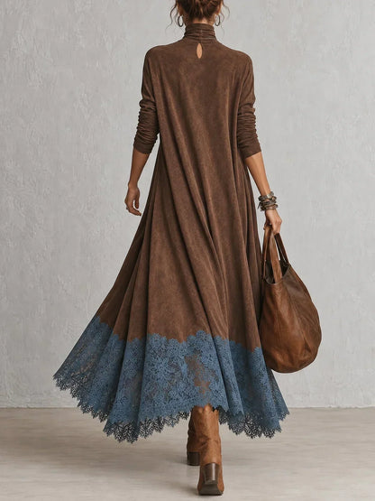 Bérengère | Abito Lungo Effetto Suede con Orlo in Pizzo