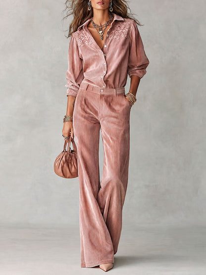 Ginetta | completo camicia e pantalone in velluto a coste, Rosa Antico