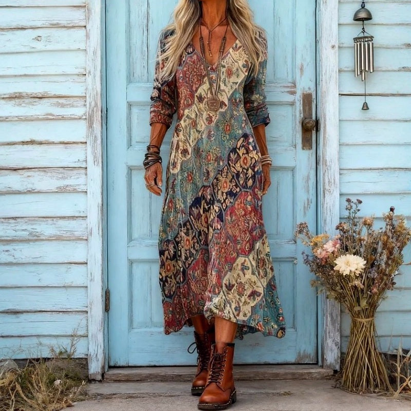 Lidiana – abito midi a stampa patchwork multicolore con scollo a V, vista frontale