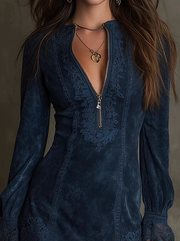 Leopoldina | Abito Mini Effetto Scamosciato con Zip e Pizzo, Blu