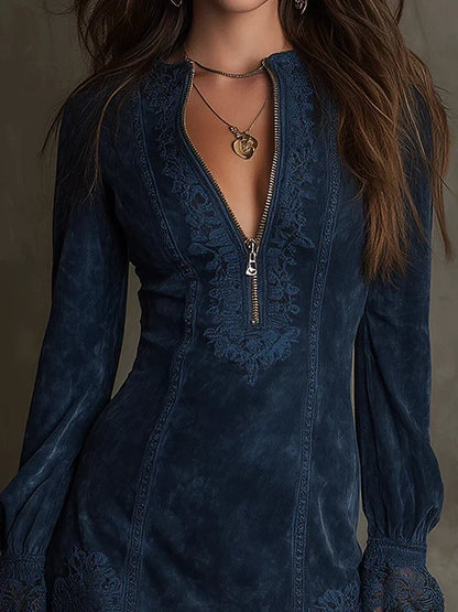 Leopoldina | Abito Mini Effetto Scamosciato con Zip e Pizzo, Blu
