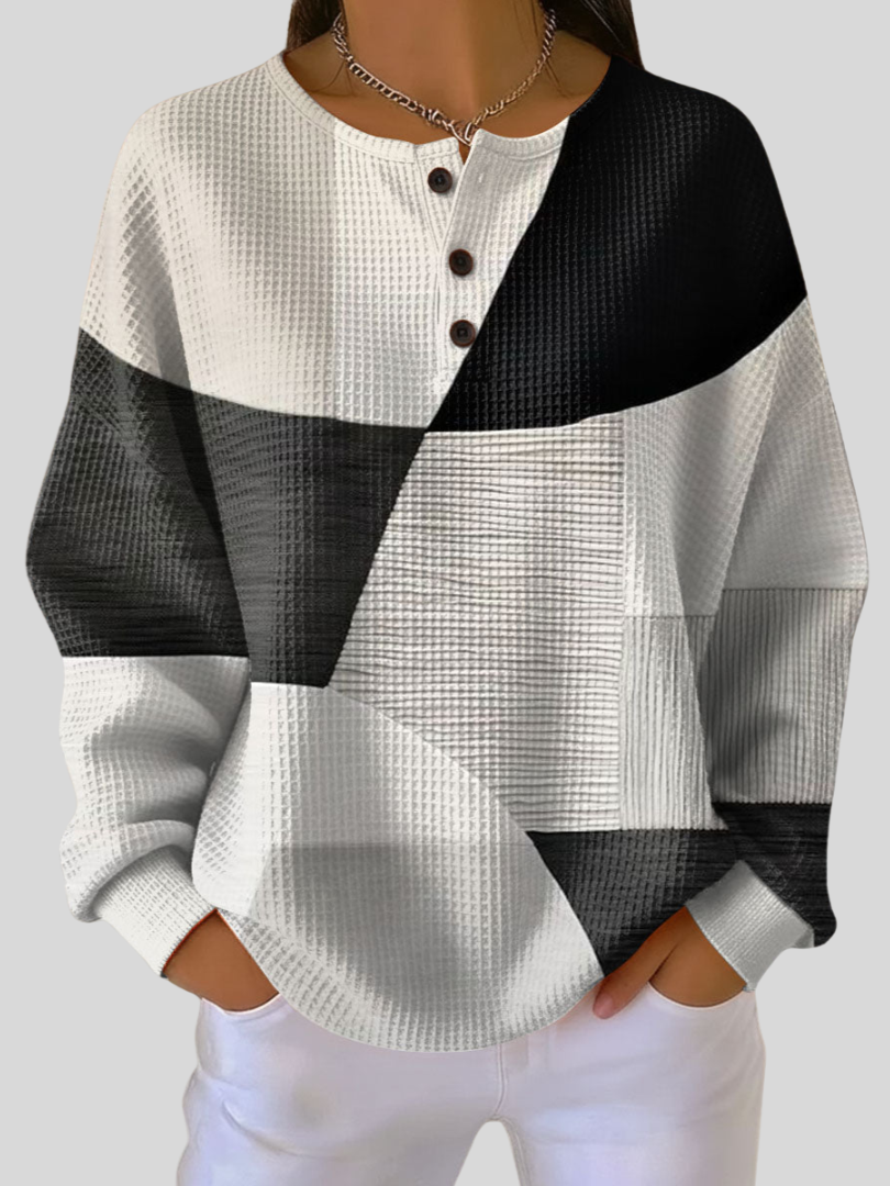 Caterina | Felpa Henley in Maglia Waffle, Bianco e Nero