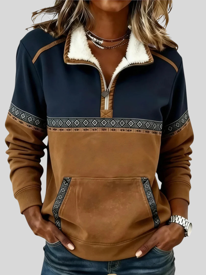 Elettra | Pullover Mezza Zip con Collo in Sherpa, Blu e Marrone