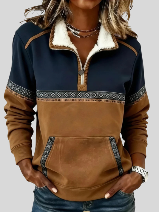 Elettra | Pullover Mezza Zip con Collo in Sherpa, Blu e Marrone