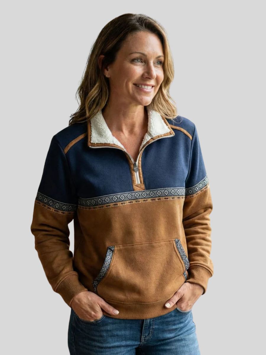 Elettra | Pullover Mezza Zip con Collo in Sherpa, Blu e Marrone