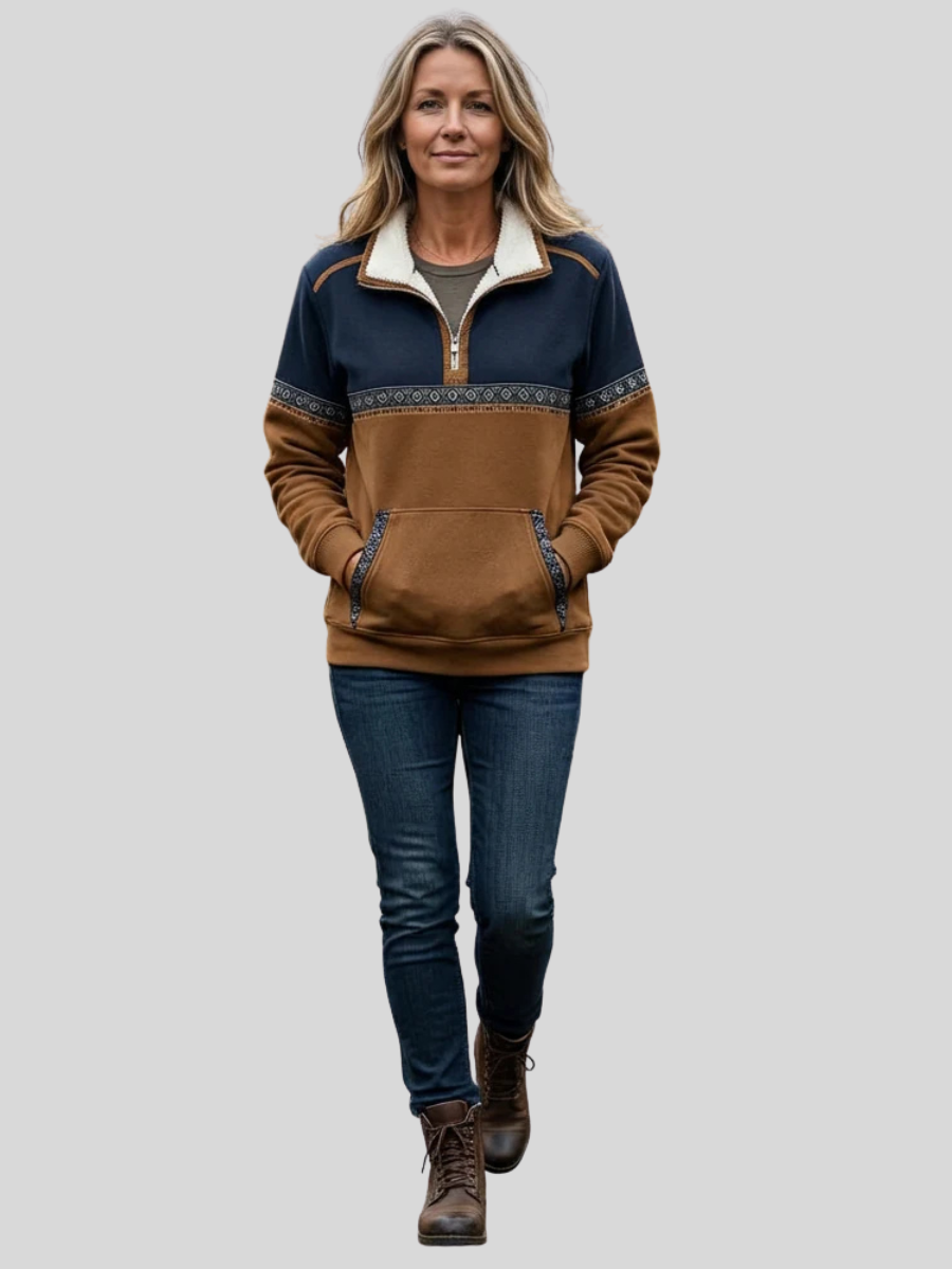 Elettra | Pullover Mezza Zip con Collo in Sherpa, Blu e Marrone