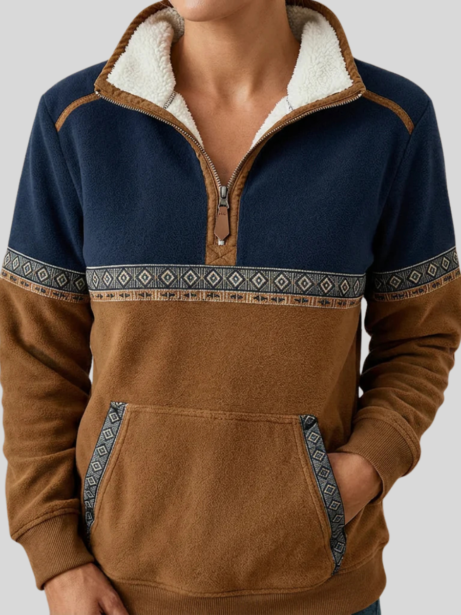 Elettra | Pullover Mezza Zip con Collo in Sherpa, Blu e Marrone