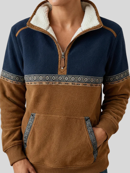 Elettra | Pullover Mezza Zip con Collo in Sherpa, Blu e Marrone