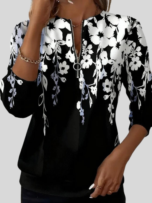 Giuseppina | Felpa a Fiori con Zip, Bianco e Nero