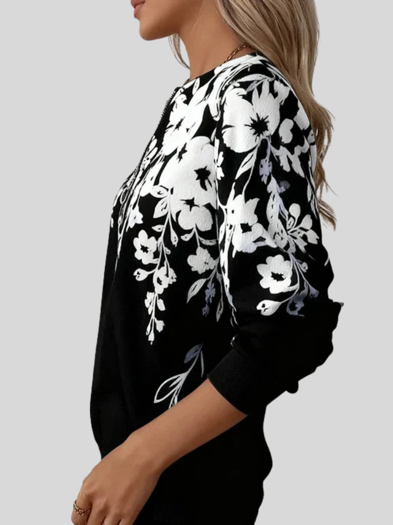 Giuseppina | Felpa a Fiori con Zip, Bianco e Nero