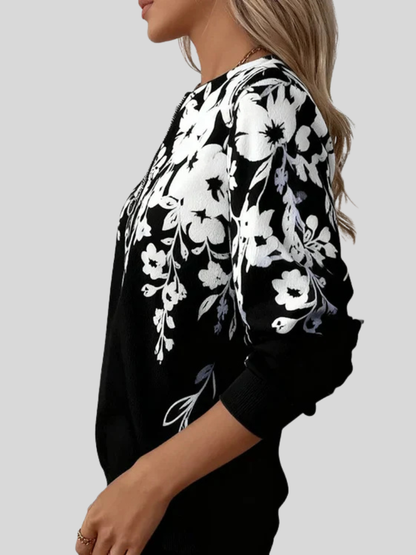 Giuseppina | Felpa a Fiori con Zip, Bianco e Nero