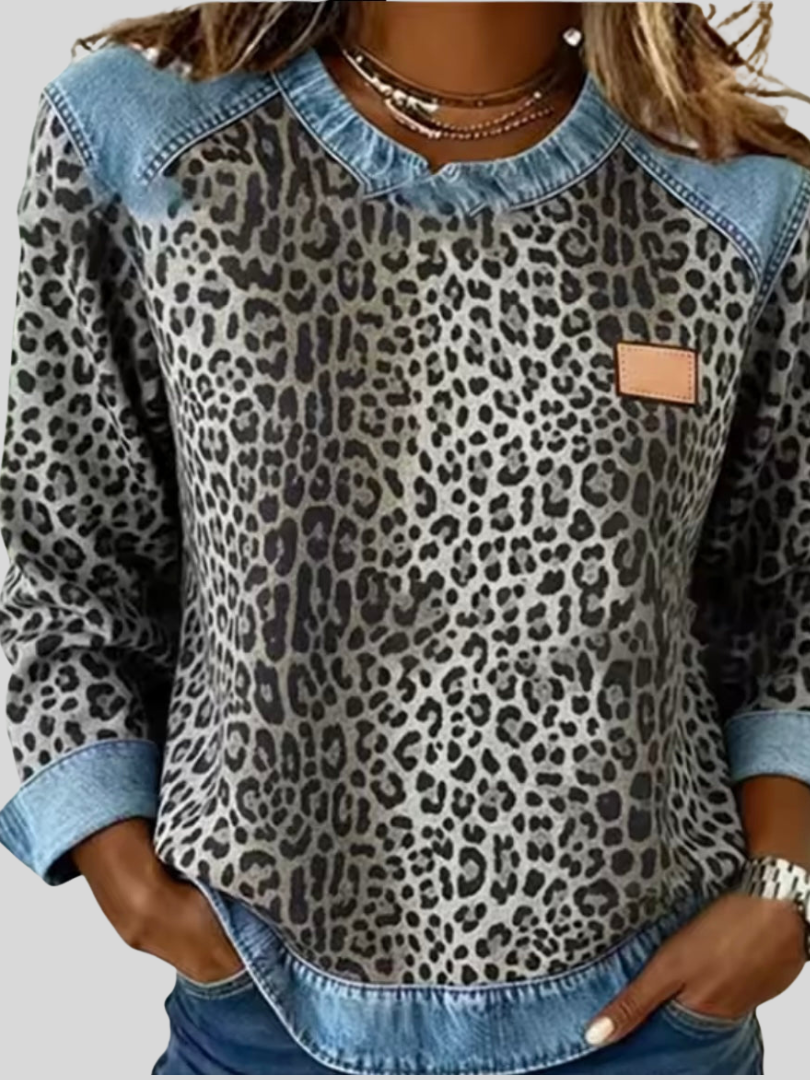 Ines | Maglione Leopardato con Collo in Denim