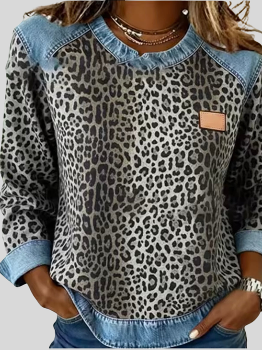 Ines | Maglione Leopardato con Collo in Denim
