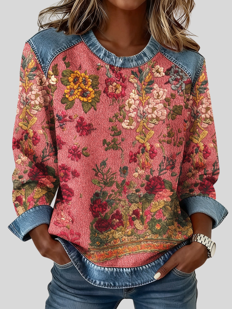 Iride | Felpa a Fiori con Inserti Denim, Multicolore