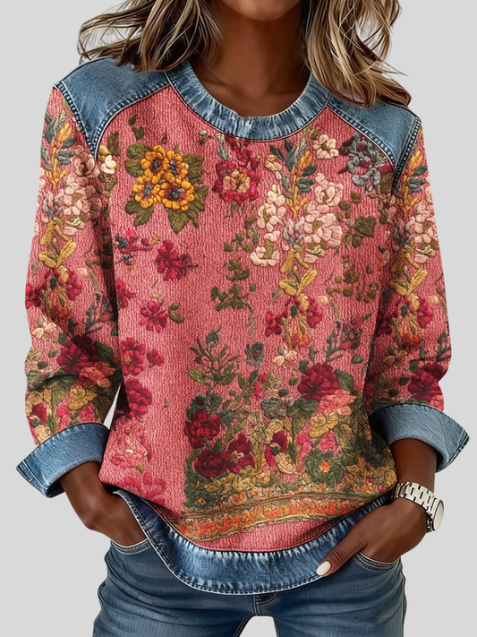 Iride | Felpa a Fiori con Inserti Denim, Multicolore
