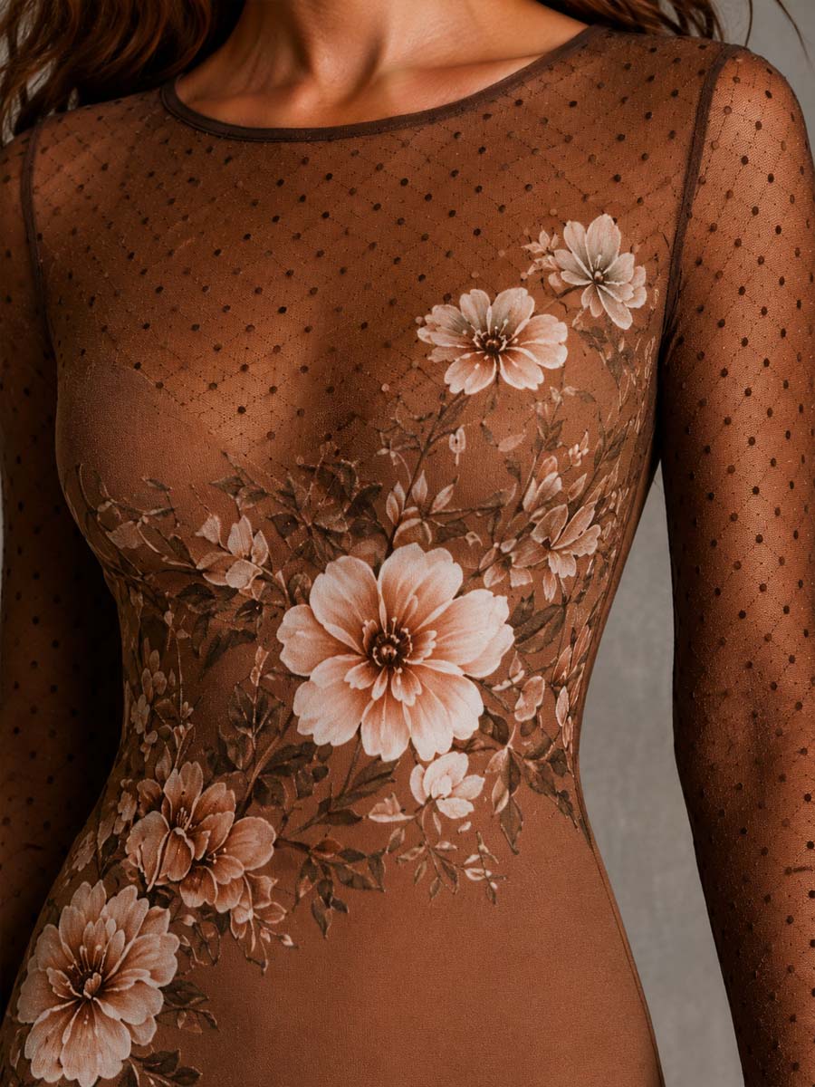 Zenobia | Abito Midi Aderente in Rete con Fiori e Pois, Caramello