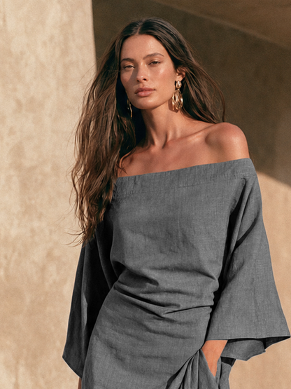 Evelina | Abito Maxi Minimal a Spalle Scoperte con Volant Asimmetrico, Grigio