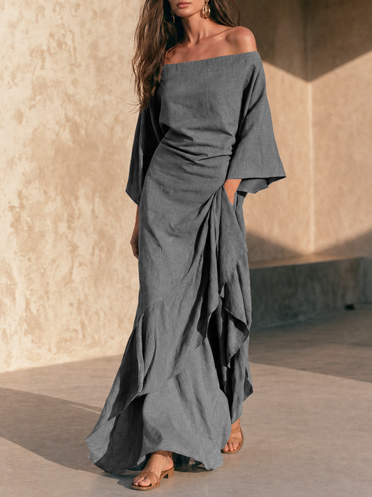 Evelina | Abito Maxi Minimal a Spalle Scoperte con Volant Asimmetrico, Grigio