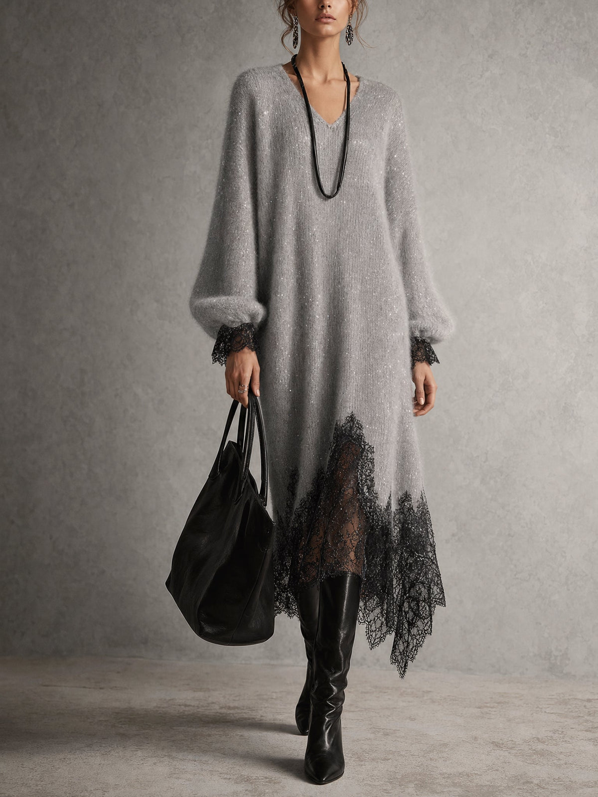 Solange | Abito Midi in Maglia con Scollo a V e Orlo in Pizzo