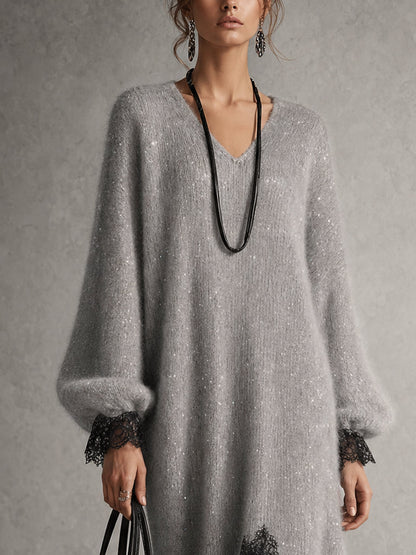 Solange | Abito Midi in Maglia con Scollo a V e Orlo in Pizzo
