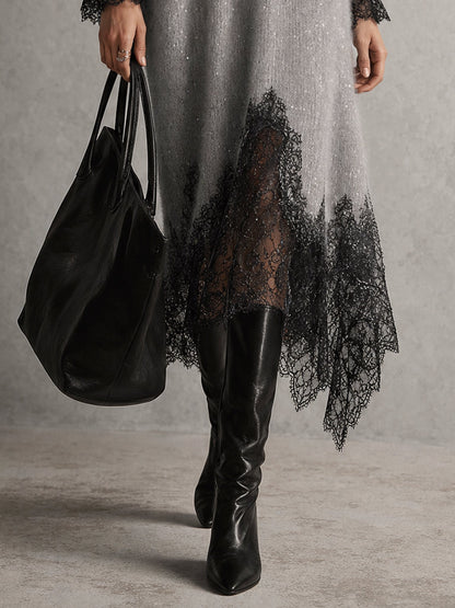 Solange | Abito Midi in Maglia con Scollo a V e Orlo in Pizzo