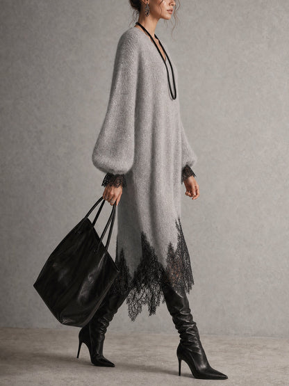 Solange | Abito Midi in Maglia con Scollo a V e Orlo in Pizzo