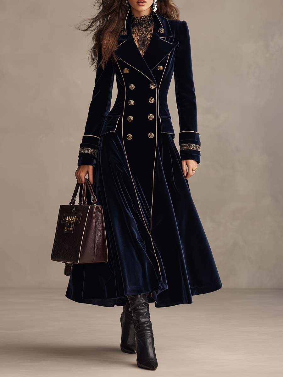 Cordelia | Cappotto Lungo in Velluto con Doppiopetto e Profili Dorati, Blu Navy