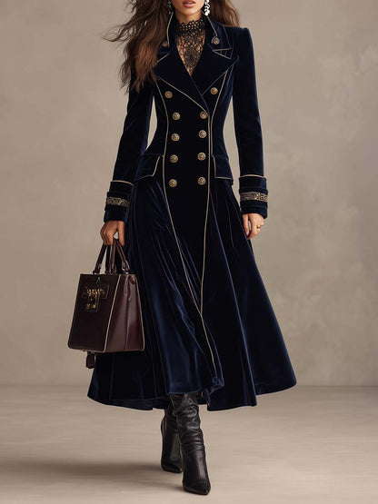 Cordelia | Cappotto Lungo in Velluto con Doppiopetto e Profili Dorati, Blu Navy