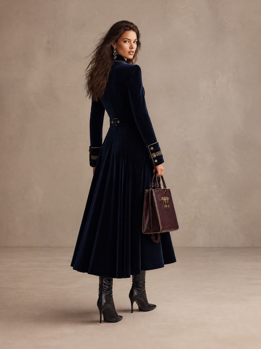 Cordelia | Cappotto Lungo in Velluto con Doppiopetto e Profili Dorati, Blu Navy