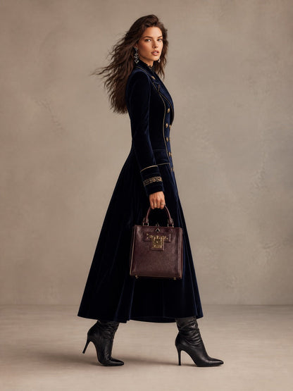 Cordelia | Cappotto Lungo in Velluto con Doppiopetto e Profili Dorati, Blu Navy