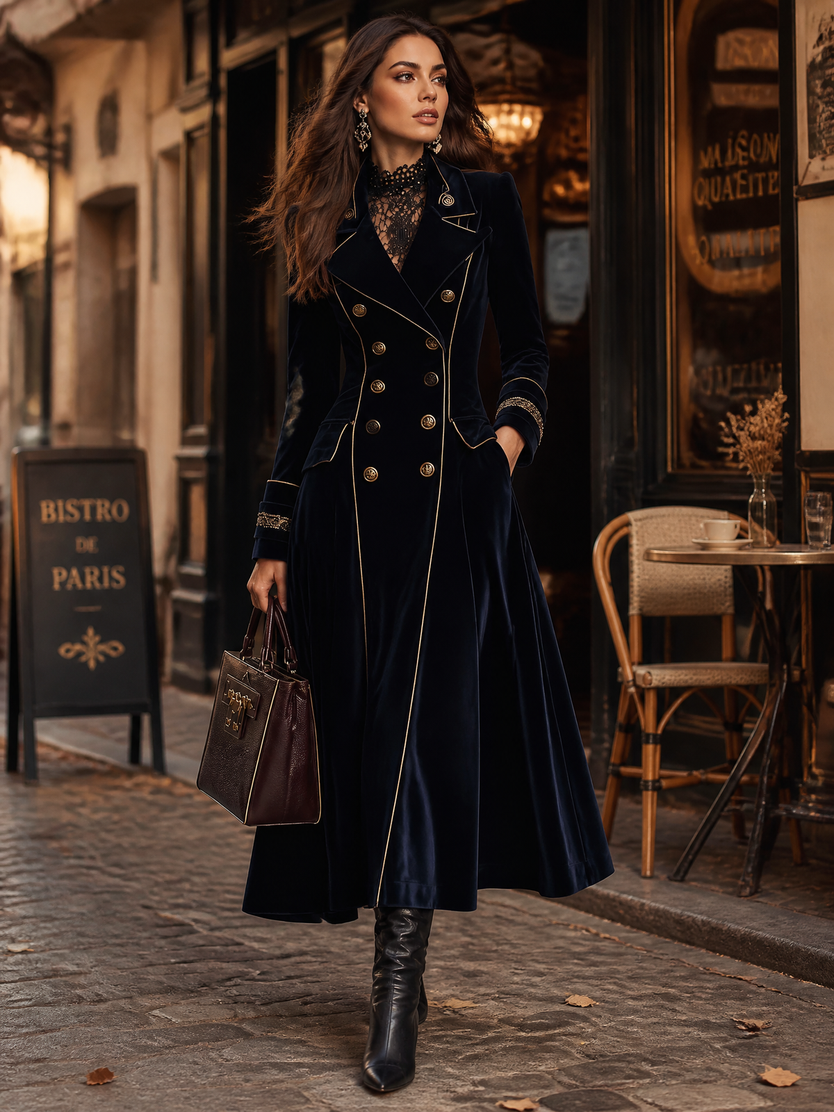 Cordelia | Cappotto Lungo in Velluto con Doppiopetto e Profili Dorati, Blu Navy
