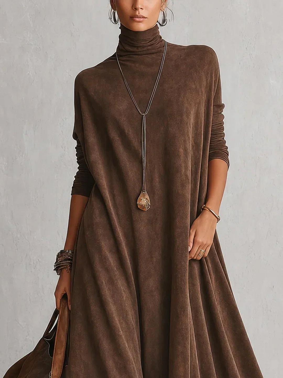 Bérengère | Abito Lungo Effetto Suede con Orlo in Pizzo