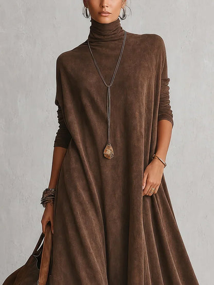Bérengère | Abito Lungo Effetto Suede con Orlo in Pizzo