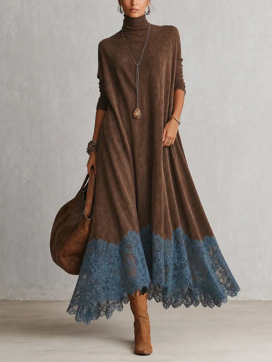 Bérengère | Abito Lungo Effetto Suede con Orlo in Pizzo