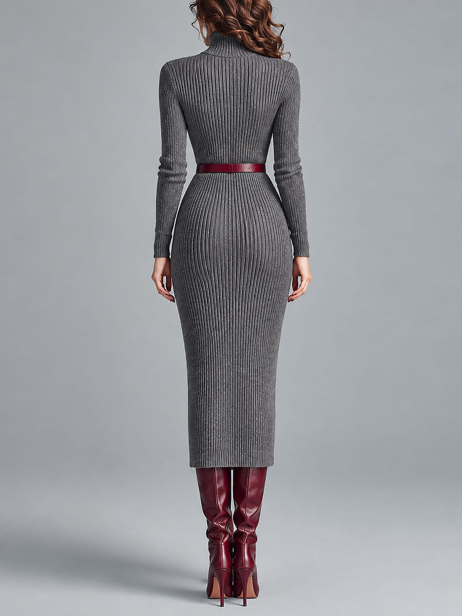 Rosmunda | Abito Midi in Maglia a Coste con Collo Alto, Grigio