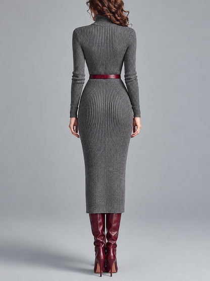 Rosmunda | Abito Midi in Maglia a Coste con Collo Alto, Grigio