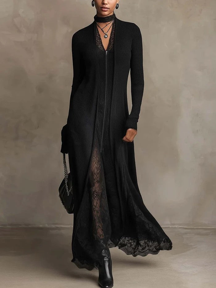 Selene | Abito Maxi in Maglia a Coste con Pizzo, Nero