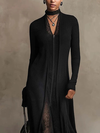 Selene | Abito Maxi in Maglia a Coste con Pizzo, Nero