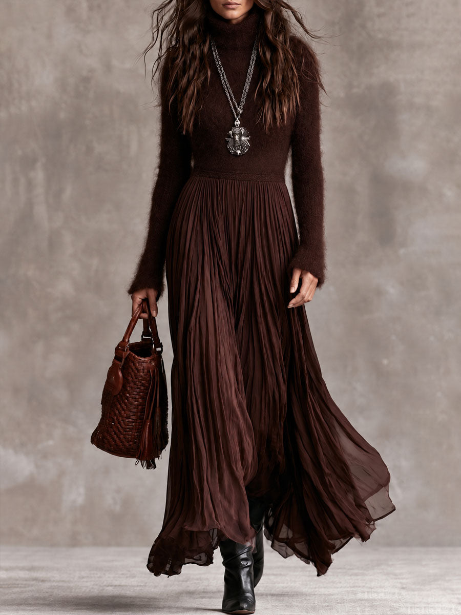 Leopolda | Abito Maxi in Maglia Morbida con Gonna Plissé in Chiffon, Cioccolato