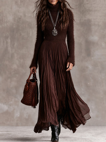 Leopolda | Abito Maxi in Maglia Morbida con Gonna Plissé in Chiffon, Cioccolato