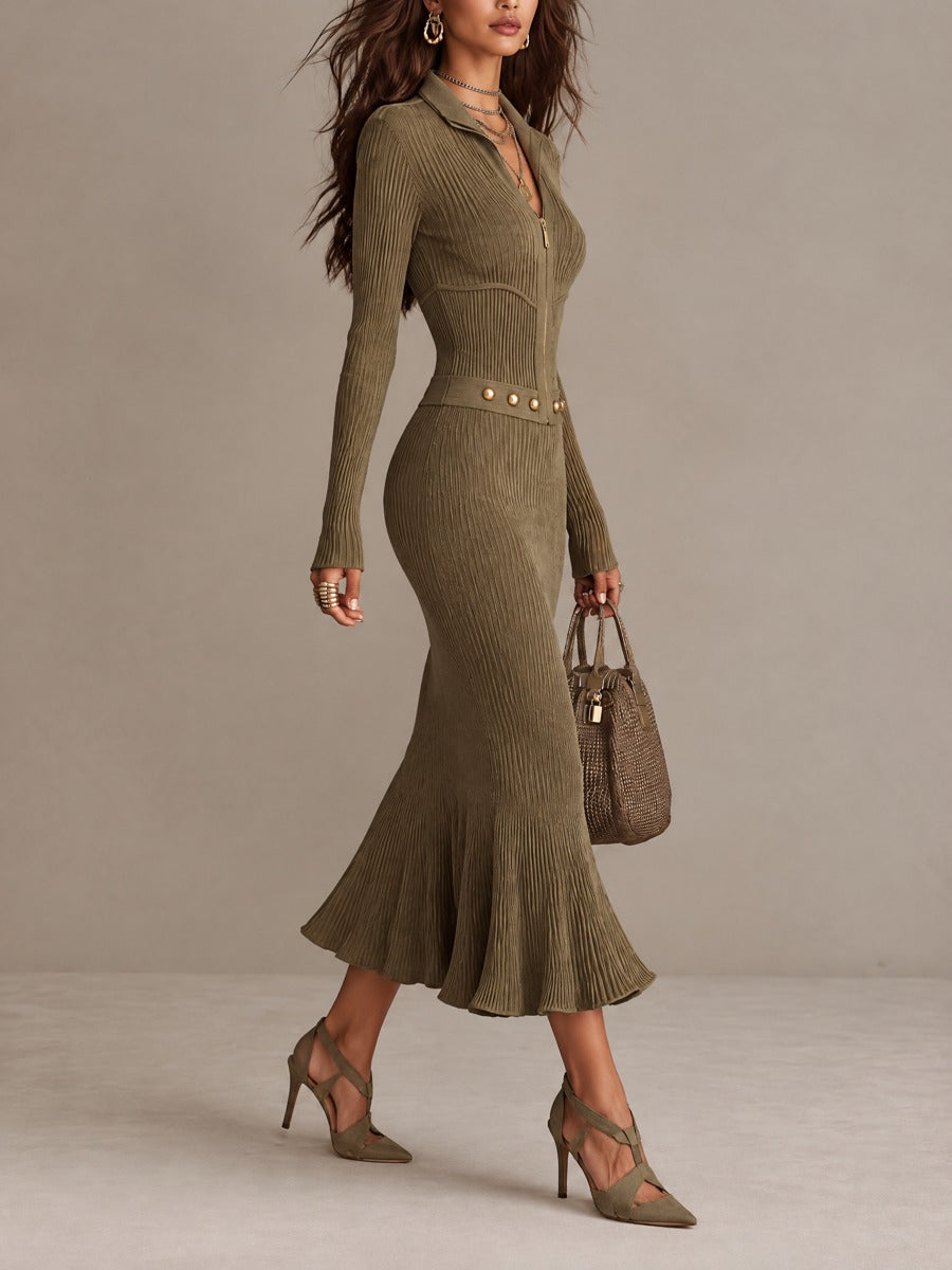 Placida | Abito Midi in Maglia a Coste con Zip, Verde Oliva