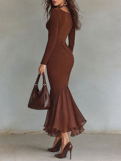 Gioconda, abito maxi cioccolato visto da dietro con orlo a sirena in chiffon