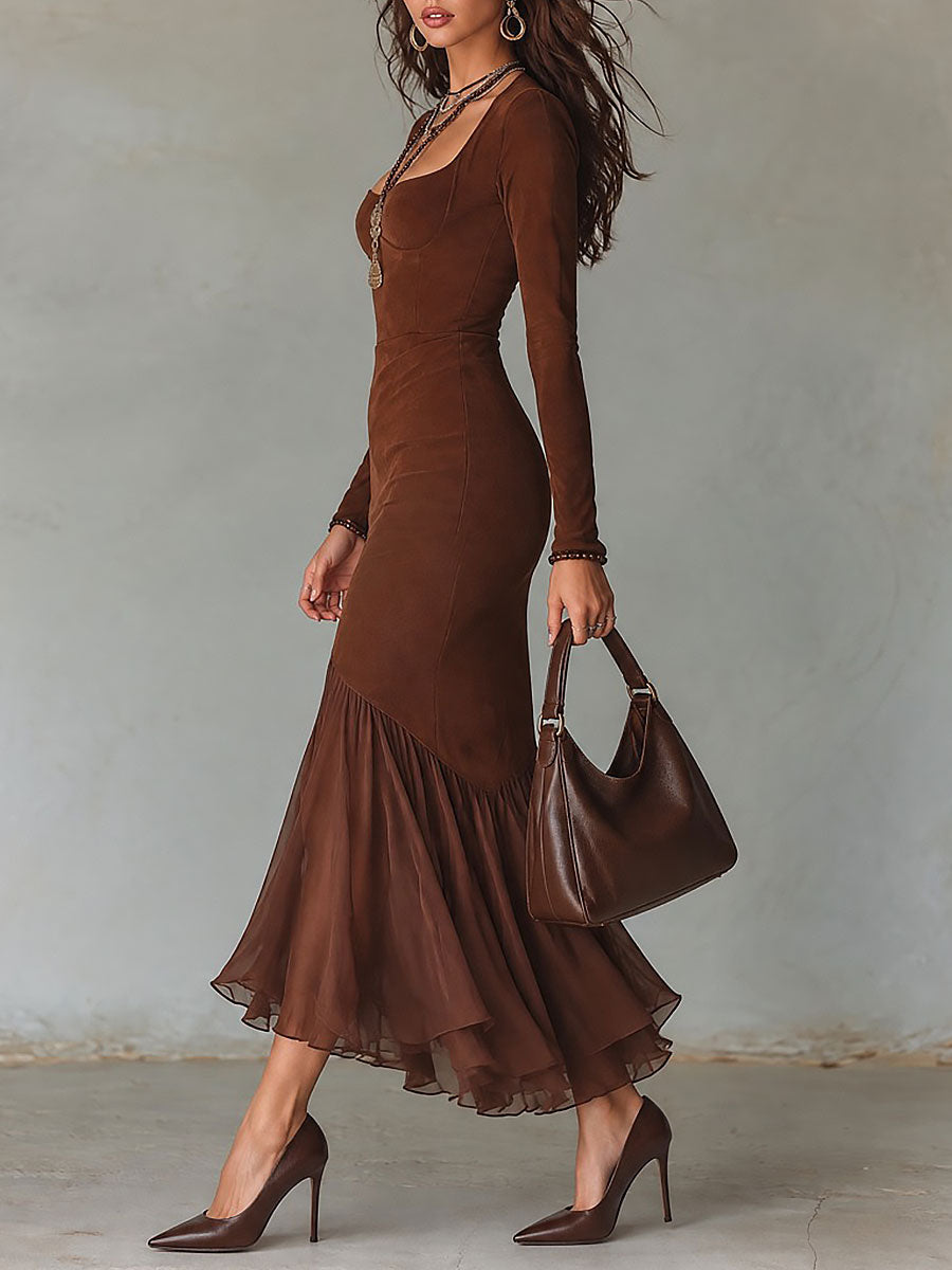 Gioconda | Abito Maxi con Scollo Quadrato e Orlo a Sirena in Chiffon, Cioccolato