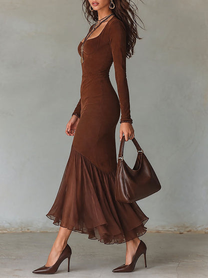 Gioconda | Abito Maxi con Scollo Quadrato e Orlo a Sirena in Chiffon, Cioccolato