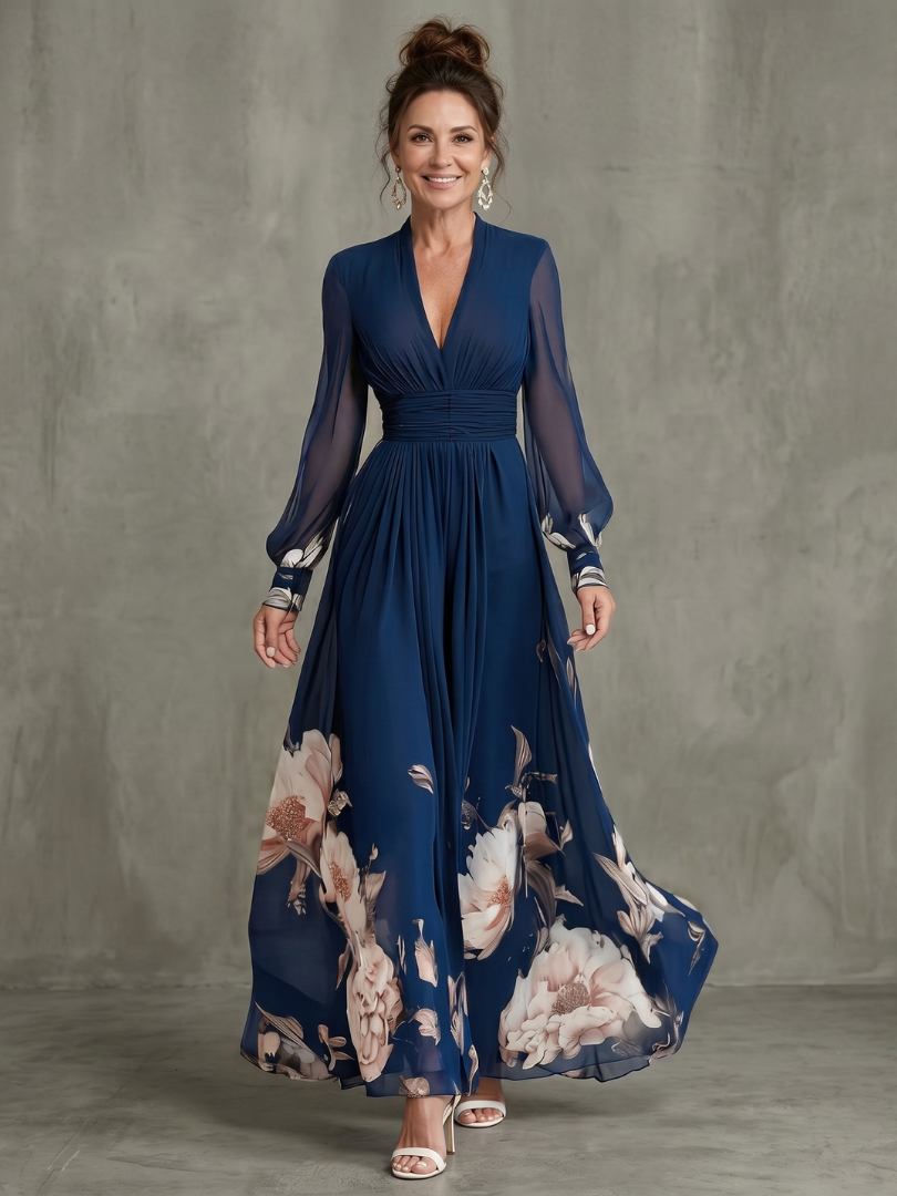 Zelia | Abito maxi con maniche plissettate trasparenti
