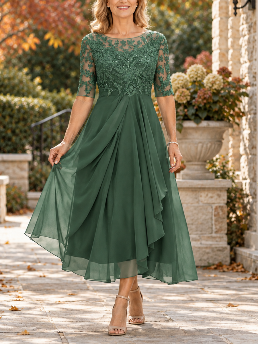 Damiana | Abito Midi con Corpetto in Pizzo e Gonna in Chiffon, Verde Bosco