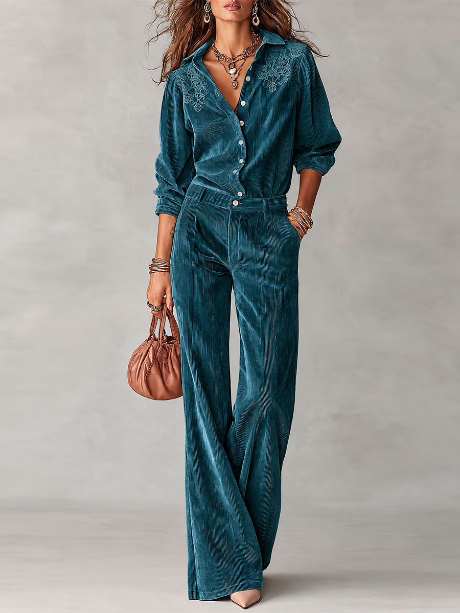 Ginetta | completo camicia e pantalone in velluto a coste, Verde Petrolio